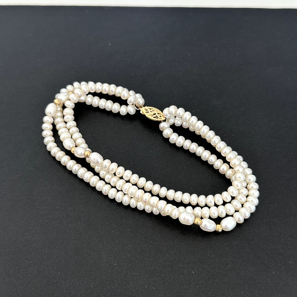14K Yellow Gold Genuine Real Cream Pearl Triple Strand Bracelet - Picture 2 of 12